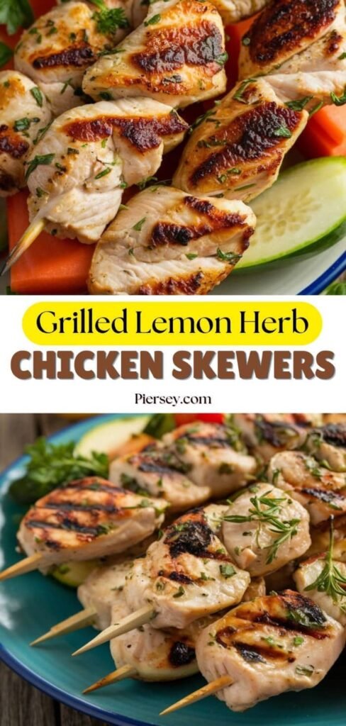 Grilled lemon herb chicken skewers on a white plate with lemon wedges and fresh parsley. The skewers are charred and garnished with green herbs.