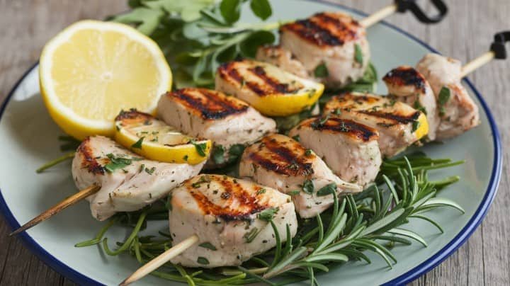 Grilled chicken skewers with lemon slices and herbs on a plate. Garnished with rosemary and oregano, creating a fresh, appetizing presentation.