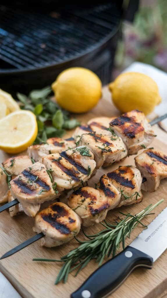 Grilled chicken skewers on a cutting board with fresh rosemary, lemon halves, and two whole lemons beside a barbecue grill; evokes a fresh, outdoor cooking vibe.