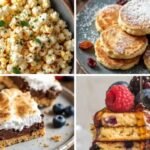 A collage of four food images: spiced popcorn topped with herbs, powdered sugar pancakes, s'mores bars with berries, and berry-topped pancakes with syrup.