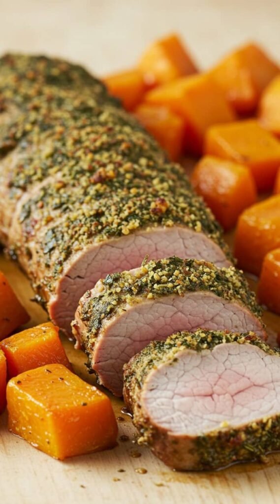 Herb-crusted pork tenderloin sliced on a wooden board, surrounded by cubes of roasted sweet potatoes. The scene conveys a warm, appetizing tone.