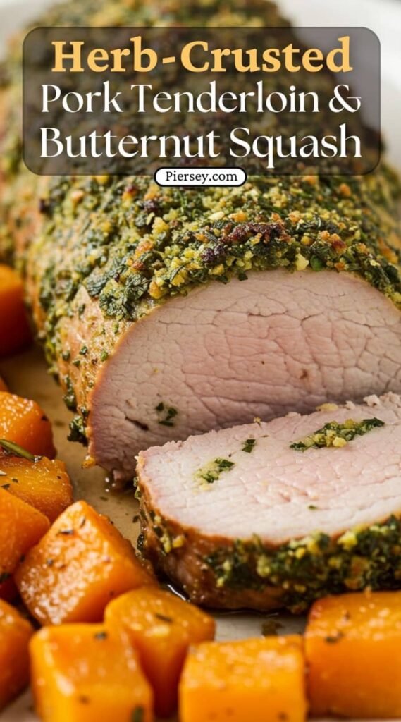 Herb-crusted pork tenderloin sliced on a wooden board, surrounded by roasted butternut squash and fresh herbs, conveying a rustic and savory feel.