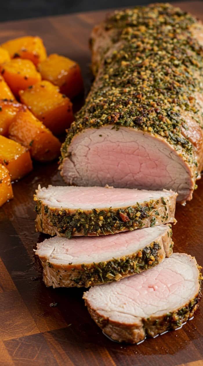 Herb-crusted pork tenderloin sliced on a wooden board, showcasing its juicy pink interior. Accompanied by glazed, roasted orange butternut squash.