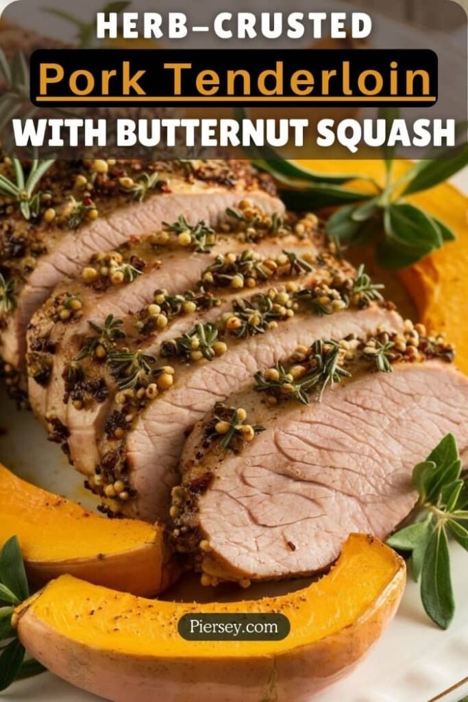 Sliced herb-crusted pork tenderloin garnished with rosemary and spices, served with roasted butternut squash; a savory, autumnal dish.