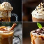 A collage of four coffee drinks topped with whipped cream and garnishes: cinnamon stick, chocolate drizzle, cocoa powder, and mint leaves, creating an indulgent and cozy vibe.