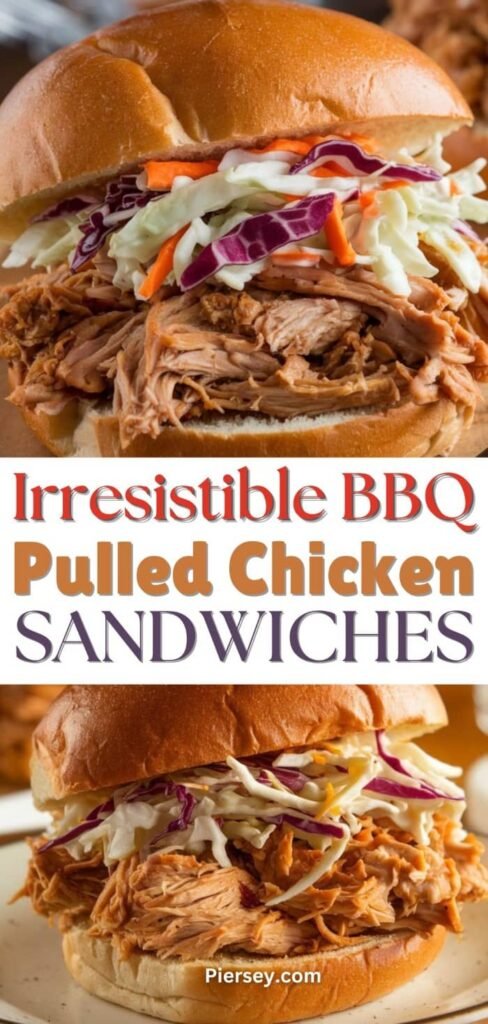 Close-up of two BBQ pulled chicken sandwiches with colorful coleslaw on soft buns. Text overlay reads "Irresistible BBQ Pulled Chicken Sandwiches."