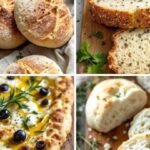 Four images of freshly baked focaccia bread. Top left: round loaves with a bowl of olive oil. Top right: sliced bread with herbs. Bottom left: focaccia topped with olives and rosemary. Bottom right: sliced open loaf on a wooden board. Rustic and appetizing.