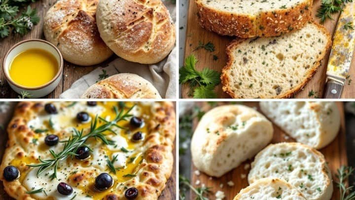 Four images of freshly baked focaccia bread. Top left: round loaves with a bowl of olive oil. Top right: sliced bread with herbs. Bottom left: focaccia topped with olives and rosemary. Bottom right: sliced open loaf on a wooden board. Rustic and appetizing.