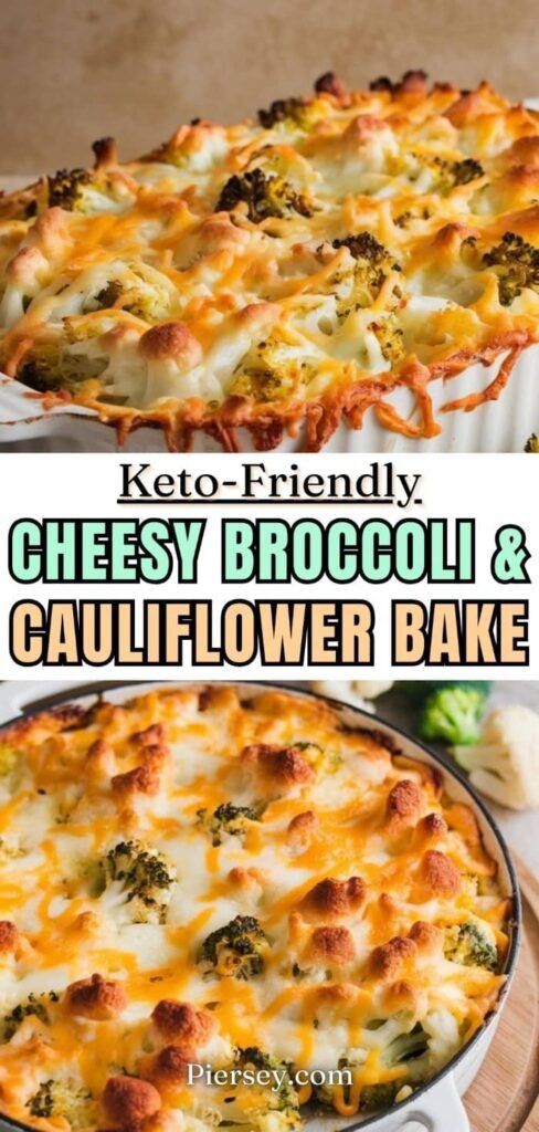 Keto-friendly broccoli and cauliflower bake topped with golden, melted cheese in a round dish. The dish conveys a comforting, savory appeal.