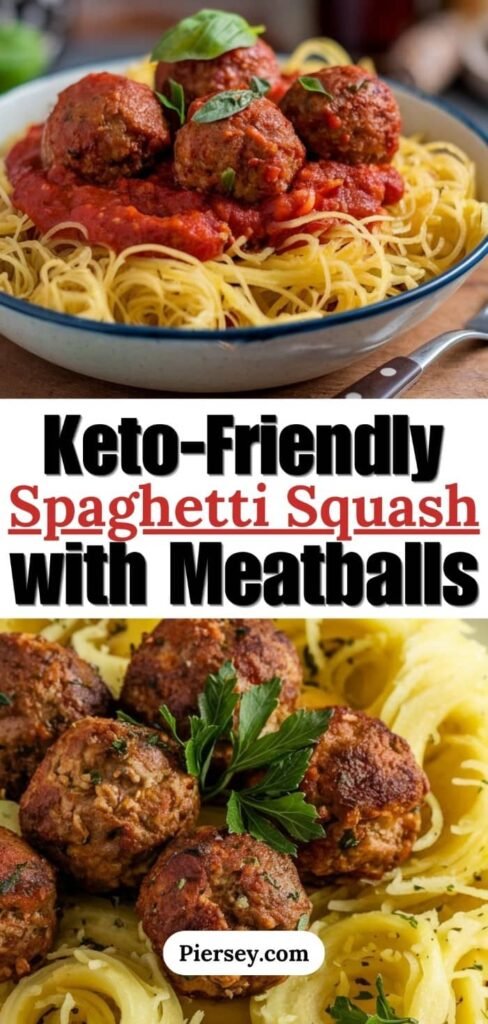 Plate of keto-friendly spaghetti squash topped with meatballs and tomato sauce, garnished with basil. Text reads "Keto-Friendly Spaghetti Squash with Meatballs," and "Piersey.com."