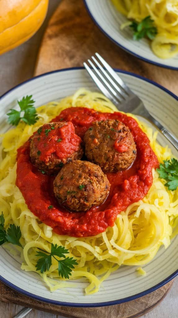 A plate of spaghetti squash topped with three vegan meatballs and tomato sauce, garnished with fresh parsley. A fork rests beside the dish.