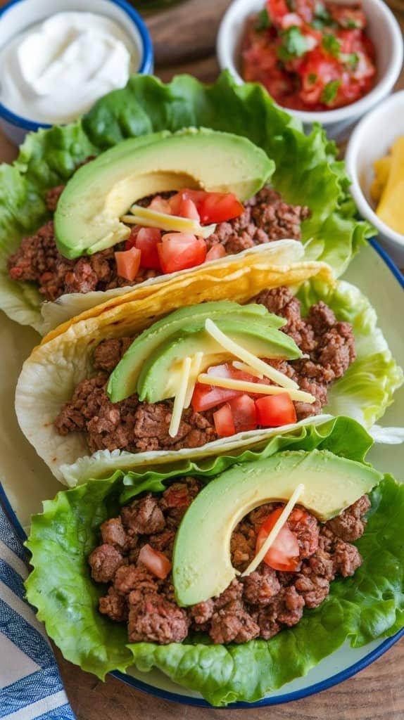 Keto tacos served in lettuce wraps with ground meat, sliced avocado, and fresh tomatoes.