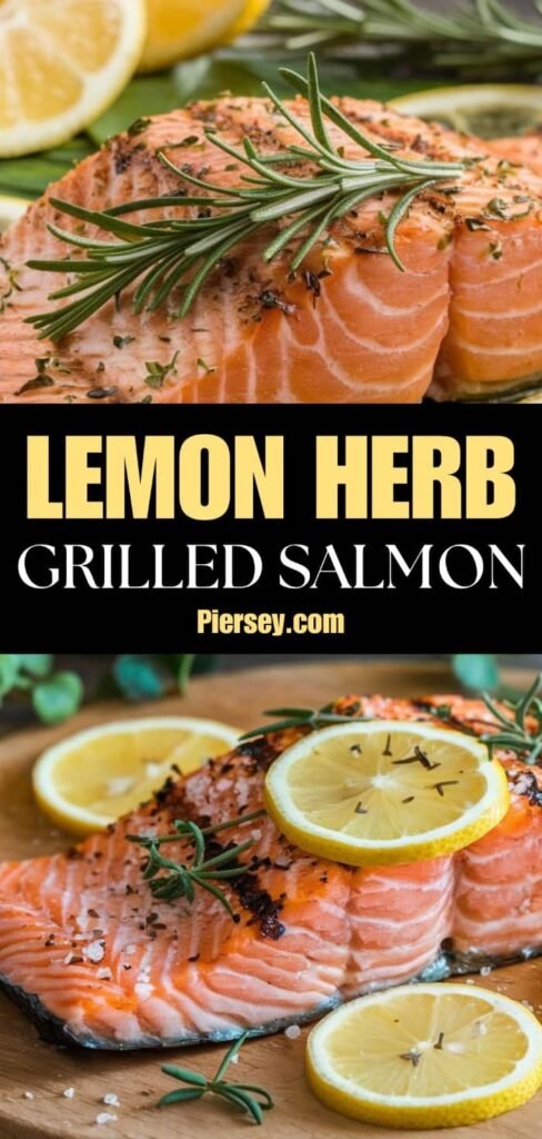 Close-up of grilled salmon garnished with rosemary and black pepper, surrounded by lemon slices. Text overlay: "Lemon Herb Grilled Salmon." Bright, fresh tone.