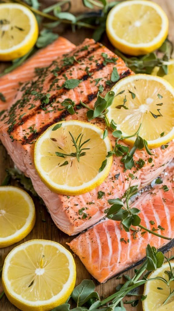Grilled salmon fillets topped with herbs and lemon slices on a wooden board, surrounded by fresh lemon halves and sprigs of greenery. Inviting and fresh.