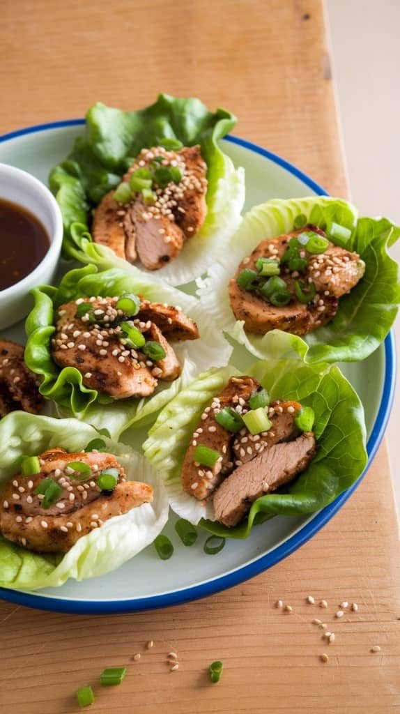 Fresh lettuce wraps filled with grilled chicken slices, sprinkled with sesame seeds and green onions. A dipping sauce on the side adds savory flavor.