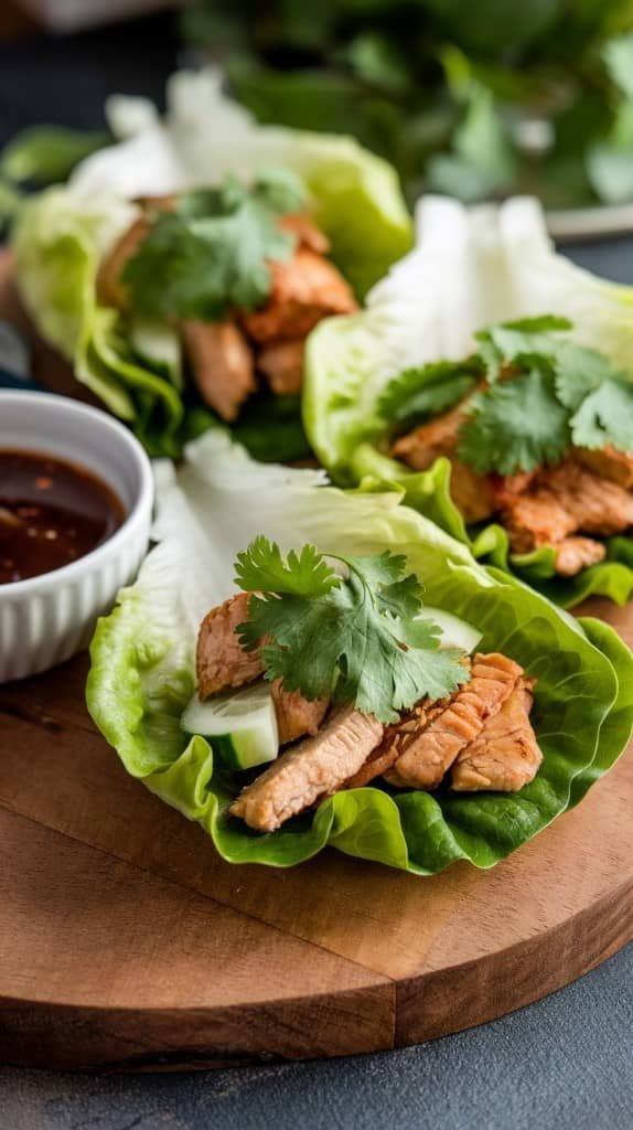 Three lettuce wraps with grilled chicken, cucumbers, and cilantro are arranged on a wooden board, accompanied by a bowl of dipping sauce. The scene feels fresh and appetizing.