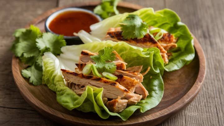 Grilled chicken slices on lettuce leaves, garnished with cilantro and green onions. A small bowl of dipping sauce on a wooden plate adds a rustic touch.