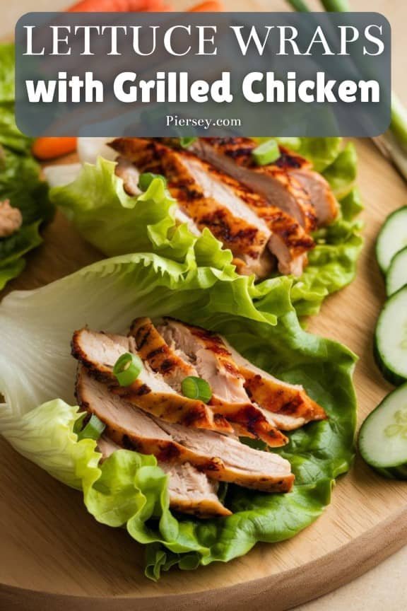 Lettuce wraps filled with sliced grilled chicken on a round wooden board, garnished with green onions. Text reads Lettuce Wraps with Grilled Chicken