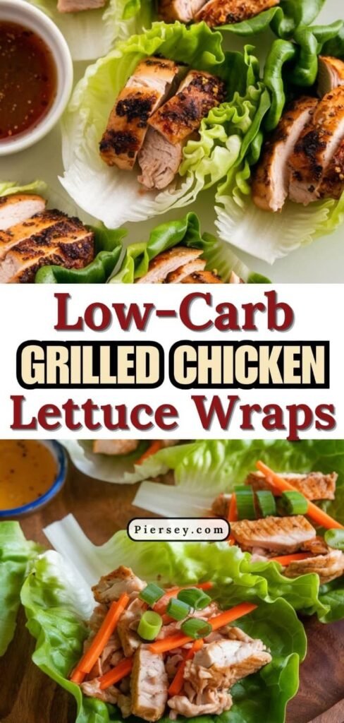 Top view of grilled chicken pieces in crisp lettuce wraps with sliced carrots and green onions. Text reads, "Low-Carb Grilled Chicken Lettuce Wraps."