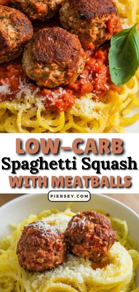 Plate of low-carb spaghetti squash topped with meatballs, tomato sauce, parmesan, and basil. Text overlay reads "Low-Carb Spaghetti Squash with Meatballs."