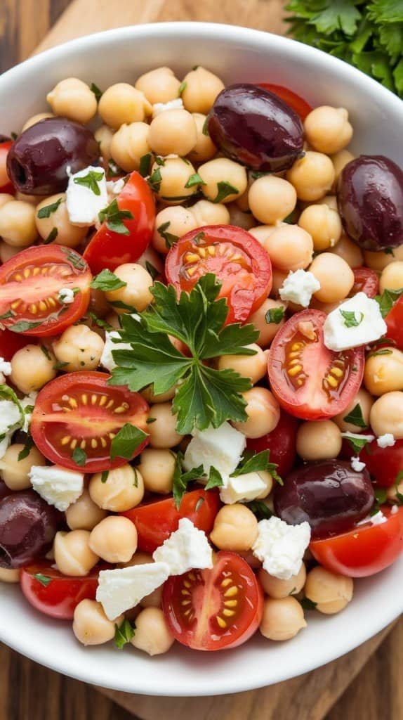 A vibrant salad with chickpeas, cherry tomatoes, black olives, and feta, garnished with parsley, in a white bowl, conveying freshness and flavor.