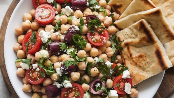 A fresh chickpea salad with cherry tomatoes, olives, feta, and parsley is served on a white plate with a side of grilled flatbread, creating a vibrant and appetizing meal.