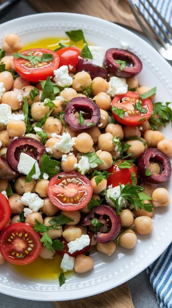 A vibrant Mediterranean salad with chickpeas, cherry tomatoes, sliced olives, crumbled feta, and parsley. Drizzled with olive oil on a white plate.