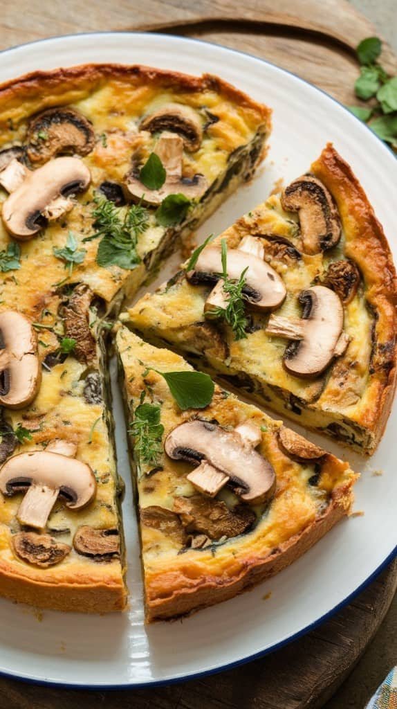 A slice of mushroom and herb frittata on a wooden surface, garnished with fresh herbs.