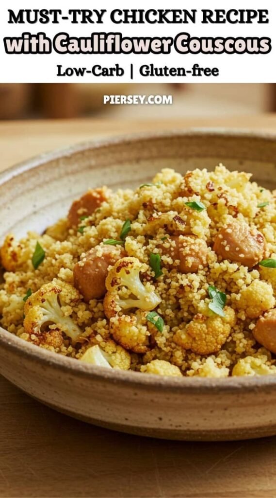 Rustic bowl of cauliflower couscous with chicken, garnished with parsley. Text above reads 'Must-Try Chicken Recipe with Cauliflower Couscous,' highlighting low-carb and gluten-free qualities.