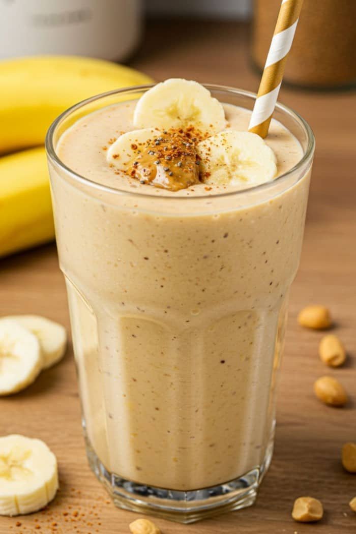 A creamy peanut butter banana smoothie in a tall glass, topped with banana slices, a dollop of peanut butter, and a striped straw. Bright and appetizing.