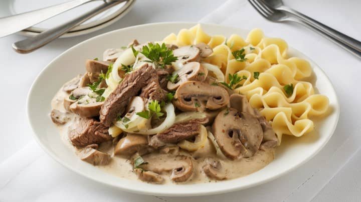 Plate of beef stroganoff with sliced mushrooms and onions in creamy sauce, garnished with parsley, served beside a mound of egg noodles on a white tablecloth.