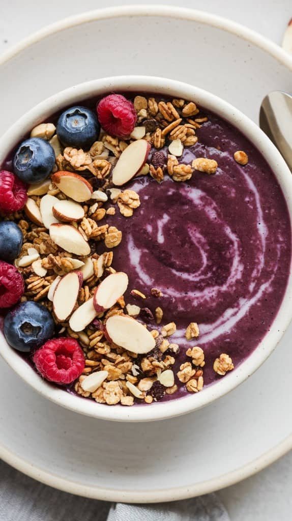 A close-up of a smoothie bowl with dark purple acai, topped with fresh blueberries, raspberries, sliced almonds, and granola, conveying a healthy, vibrant feel.