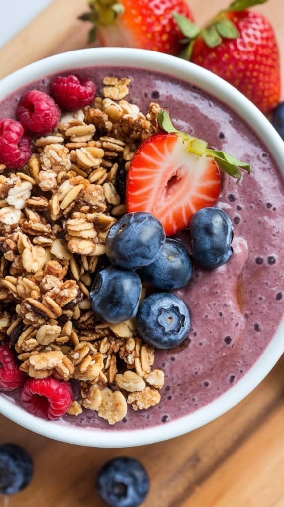 A vibrant acai bowl topped with granola, fresh blueberries, sliced strawberries, and raspberries, set on a wooden surface, conveying a fresh and healthy tone.