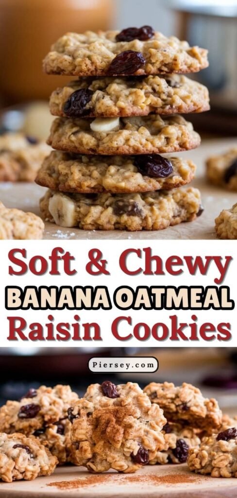 A stack of banana oatmeal raisin cookies sits on a wooden surface, showcasing their soft and chewy texture. Text reads, "Soft & Chewy Banana Oatmeal Raisin Cookies."