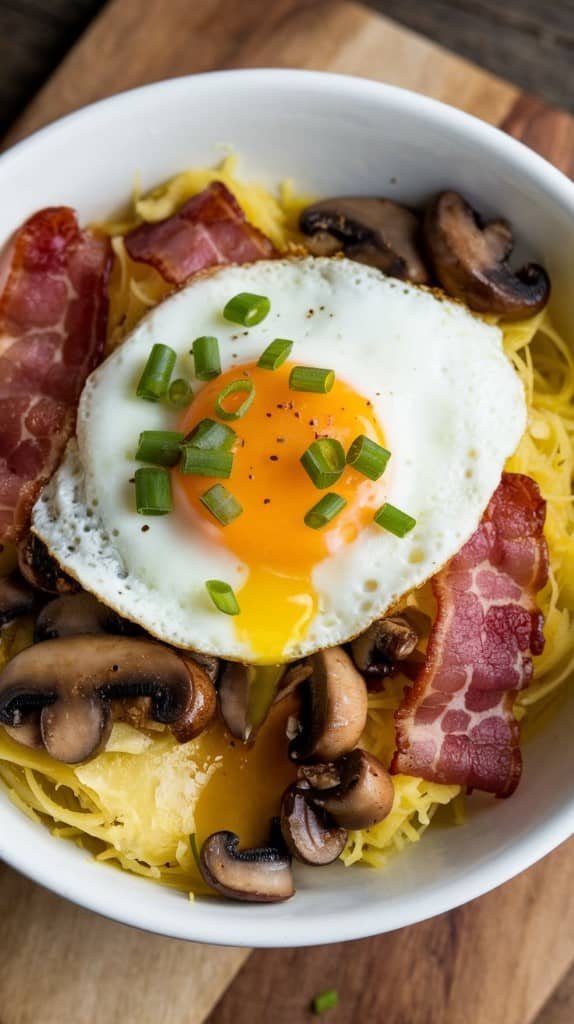 A bowl of spaghetti squash topped with a sunny-side-up egg and fresh herbs, representing a healthy breakfast option.