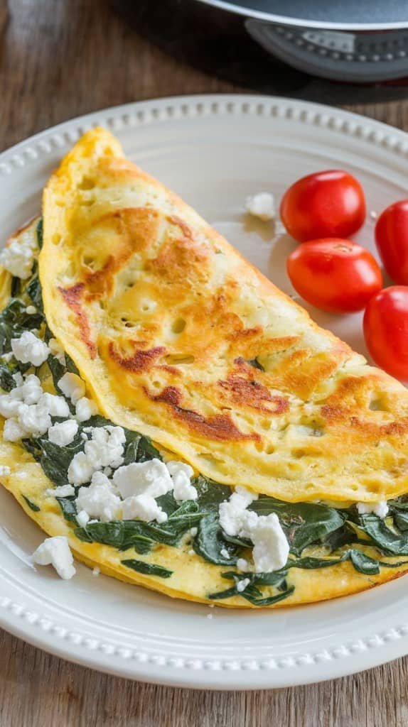 A golden omelette filled with wilted spinach and crumbled feta sits on a white plate. Beside it, there are several ripe cherry tomatoes.