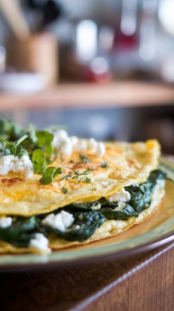 Close-up of a golden omelette filled with wilted spinach and crumbled feta cheese on a plate, garnished with fresh thyme, evoking a homely, appetizing feel.