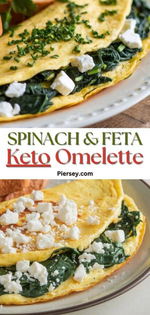 Close-up of a golden spinach and feta keto omelette, garnished with fresh chives. The dish is presented on a plate, evoking a healthy, satisfying meal.