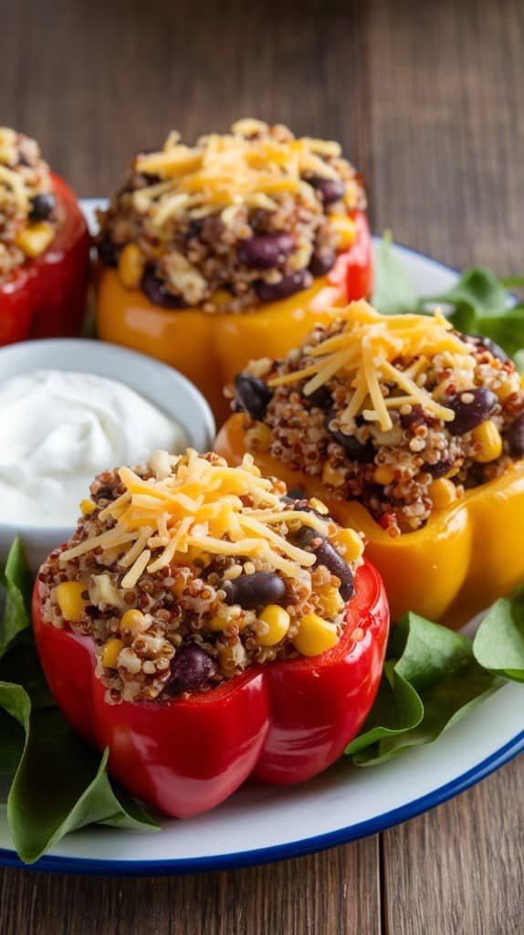 Colorful stuffed bell peppers filled with quinoa, beans, and corn, topped with cheese, are served on a plate with a side of sour cream.