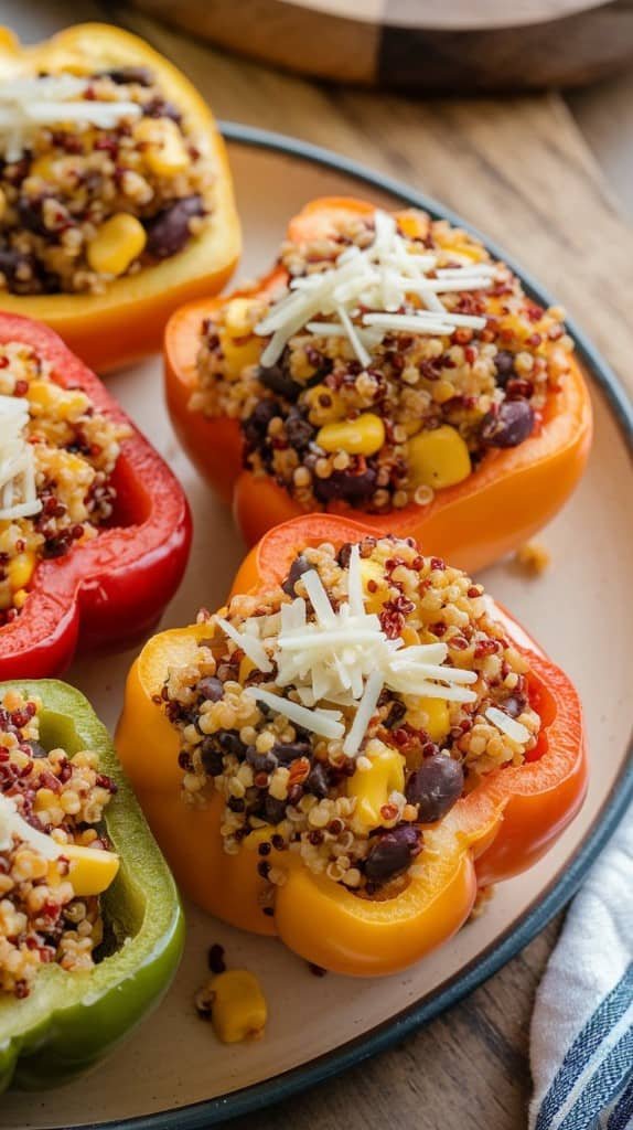 Colorful stuffed bell peppers filled with quinoa, black beans, and corn are topped with shredded vegan cheese on a plate, creating a vibrant, healthy dish.