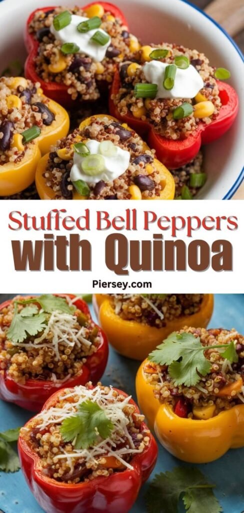 Stuffed bell peppers with quinoa, black beans, and corn topped with sour cream and green onions in a dish. Fresh, colorful, and appetizing.