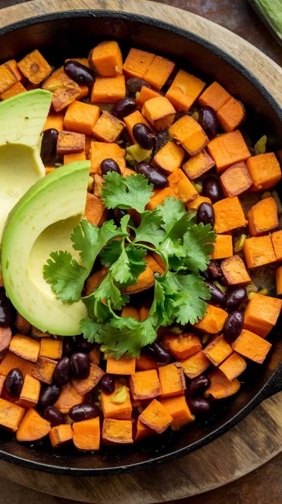 A vibrant sweet potato hash with black beans, garnished with fresh avocado slices and cilantro.