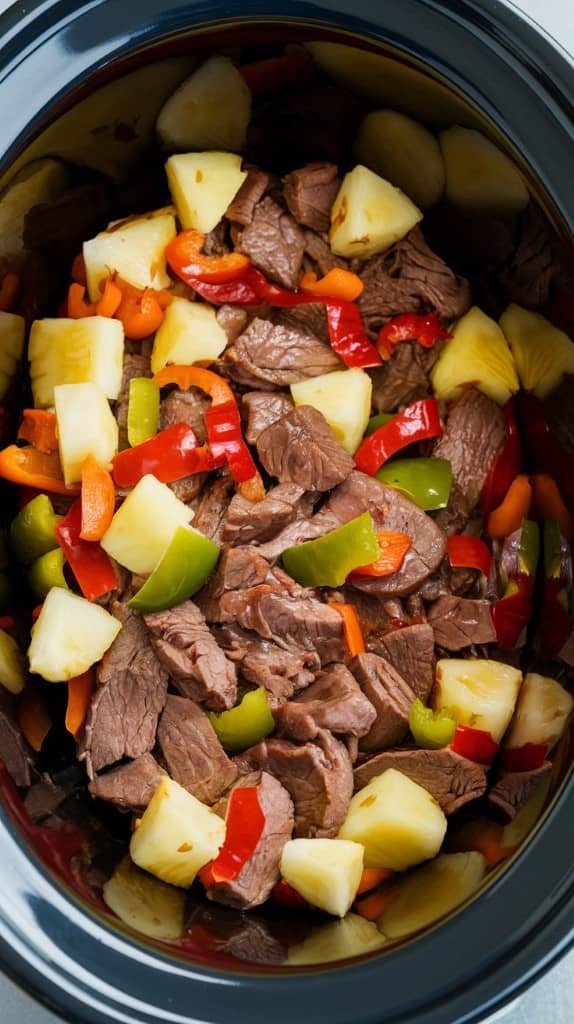 Slow cooker filled with sliced beef, bell peppers, and pineapple chunks. The vibrant colors suggest a sweet and savory dish being prepared.