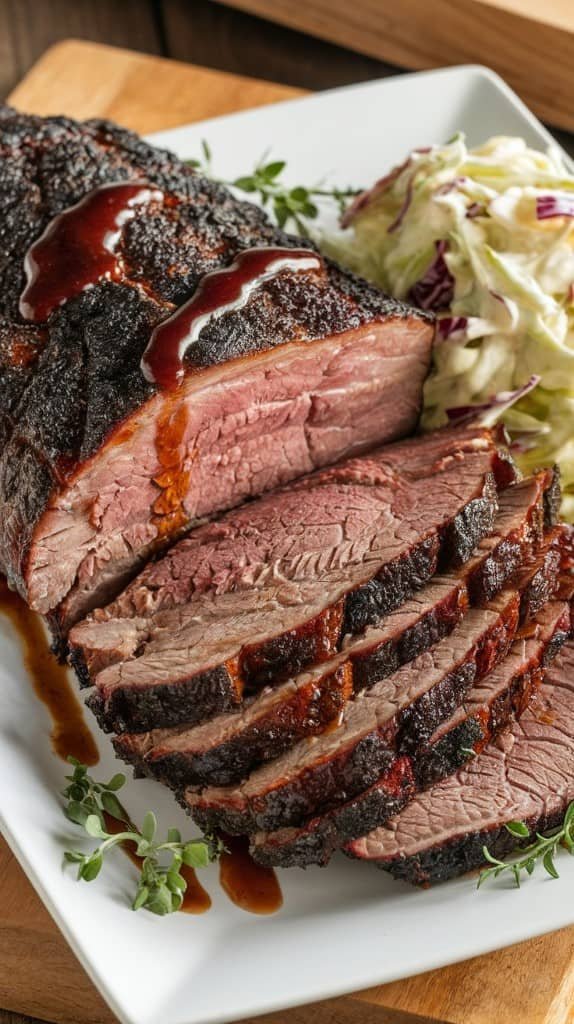 Sliced smoked brisket with a dark crust is drizzled with barbecue sauce, served on a white plate with creamy coleslaw, evoking a savory, hearty feel.