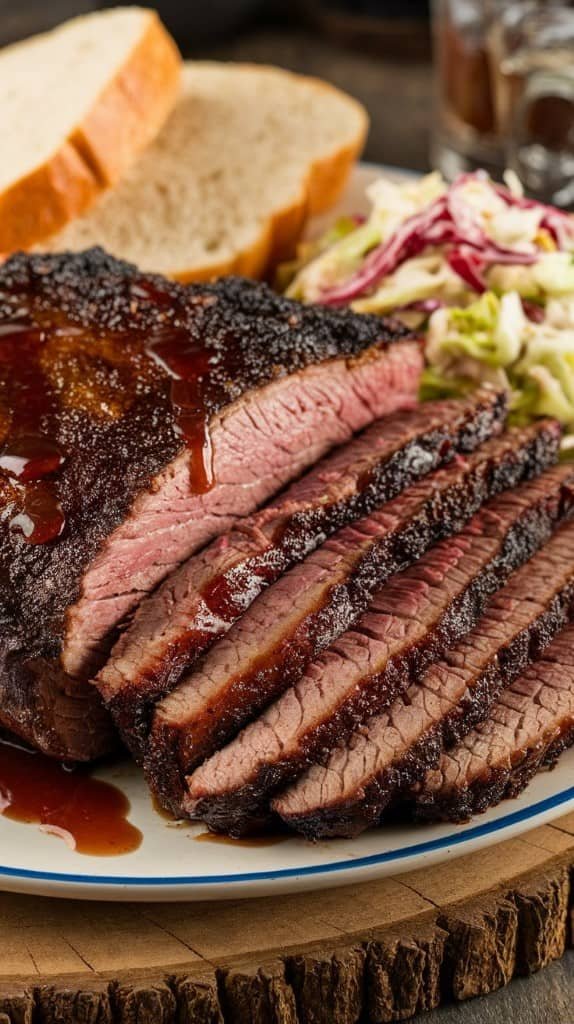 Sliced, juicy barbecued brisket on a plate, drizzled with sauce, accompanied by coleslaw and two slices of bread, creating a rustic, hearty meal.