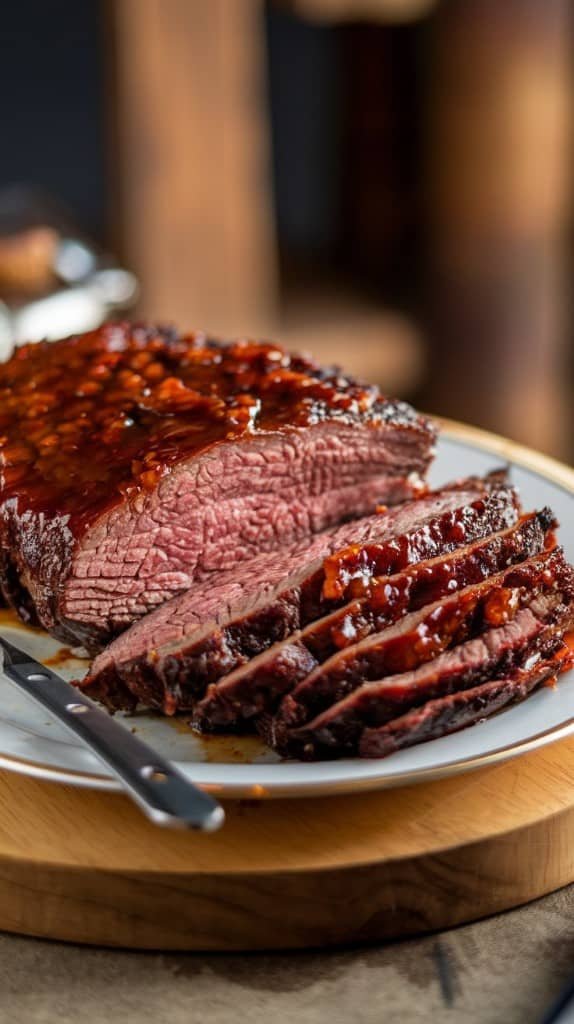 A juicy, glazed BBQ beef brisket sliced on a white plate on a wooden board. The beef appears tender and moist, with a rich, glossy glaze.