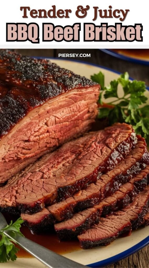 Juicy, tender BBQ beef brisket sliced on a plate, garnished with fresh parsley. The meat appears richly marinated with a dark, caramelized crust.