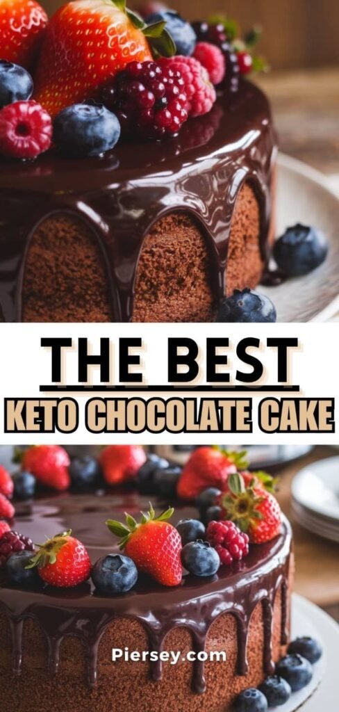 Decadent chocolate cake with glossy icing, topped with vibrant berries like strawberries, blueberries, and raspberries. Text reads "The Best Keto Chocolate Cake."