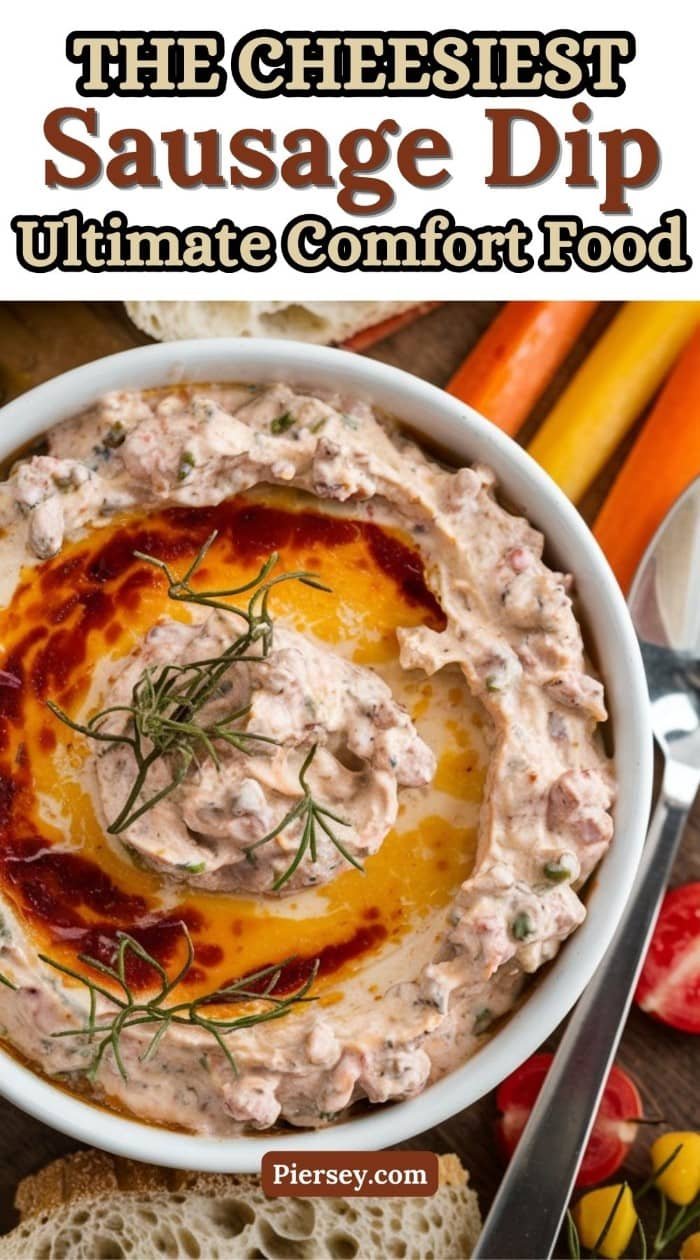 A bowl of cheesy sausage dip garnished with herbs, surrounded by bread and vegetables. Text reads "The Cheesiest Sausage Dip: Ultimate Comfort Food."