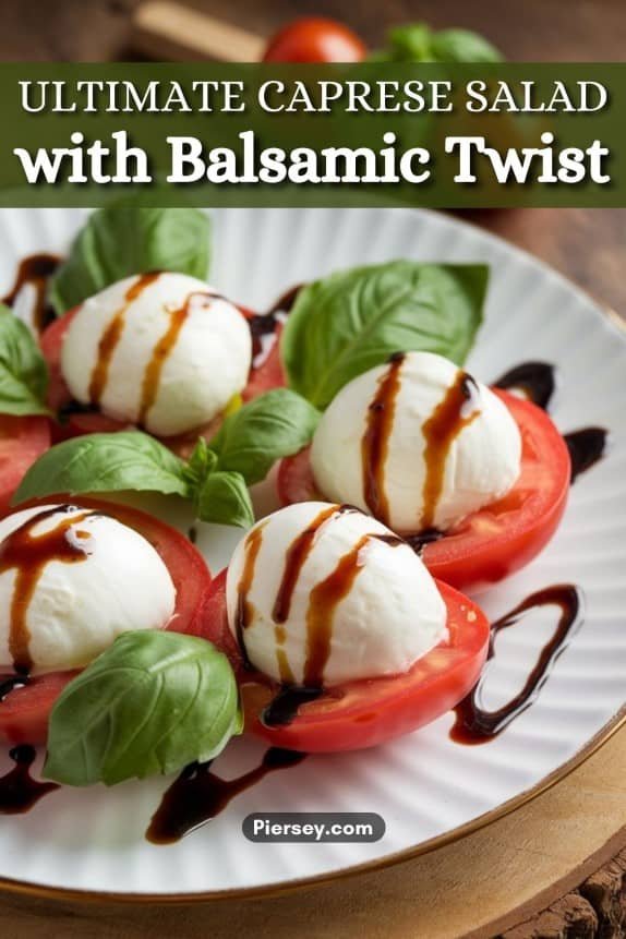A plate of Caprese salad with sliced tomatoes, mozzarella, fresh basil, and balsamic glaze drizzle. The text reads "Ultimate Caprese Salad with Balsamic Twist." The tone is appetizing and fresh.